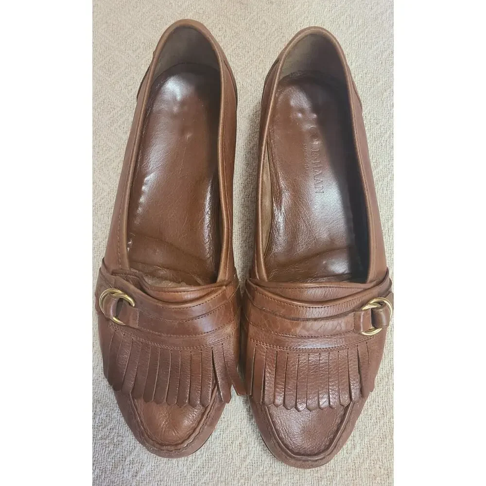 Cole Haan Tan Leather Kiltie Loafers with Gold Buckle Detail